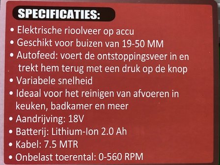 Afvoer ontstopper op accu 18 volt.