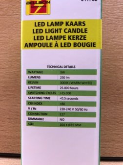 LED lamp kaars, 3 watt E27.