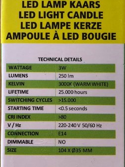 LED lamp kaars, 3 watt E14.