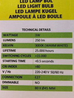 LED lamp bol, 3 watt E27.