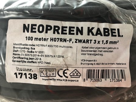 Electriciteitskabel Neopreen zwart 3x1,5mm&sup2;.