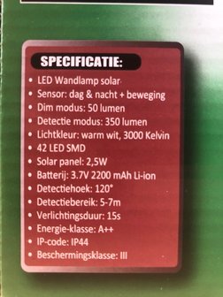 Buitenlamp LED Solar met bewegingssensor 2,5 watt.