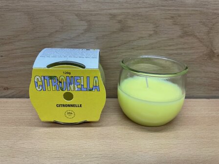 Geurkaars citronella in glazen pot.