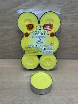 Theelichtjes maxi set kaarsen citronella 12 stuks.