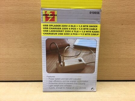 USB oplader 220 volt 4-weg, 1,5 meter.