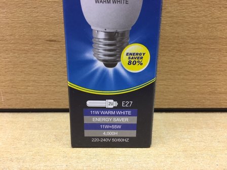 Spaarlamp 2U E27 warm wit 11 watt.