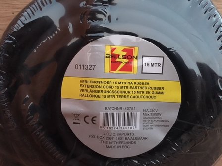 Verlengkabel rubber 3500 watt 15 meter.