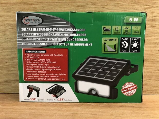 Buitenlamp LED Solar met bewegingssensor 5 watt.