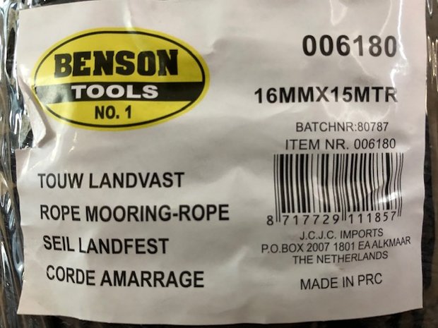 Touw landvast zwart 16mm x 15m.