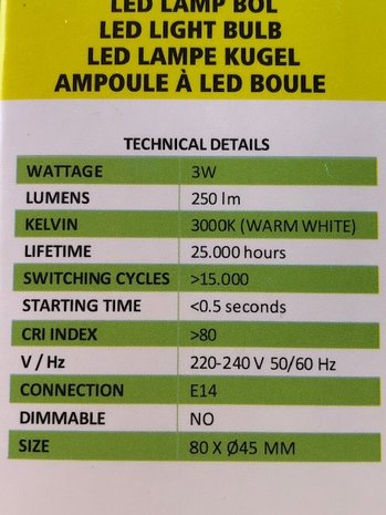 LED lamp bol, 3 watt E14.