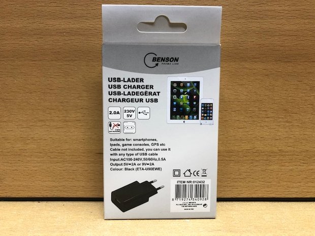 USB oplader 220 volt 2.0 amp.