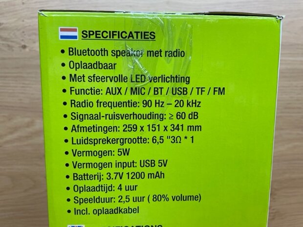 Speaker Bluetooth met FM radio en led licht.