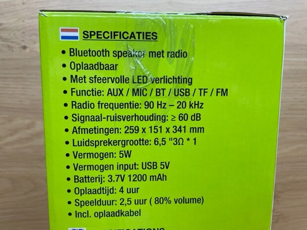 Speaker Bluetooth met FM radio en led licht.