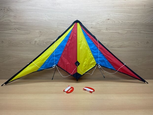 Vlieger stunt geel blauw rood 130x60cm.