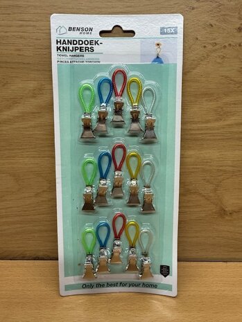 Handdoek klemmenset rood/geel/groen 15 dlg.