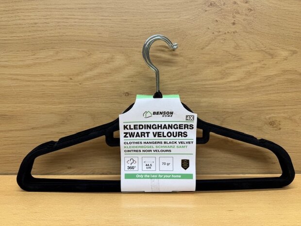 Kledinghangerset zwart velours 4 dlg.