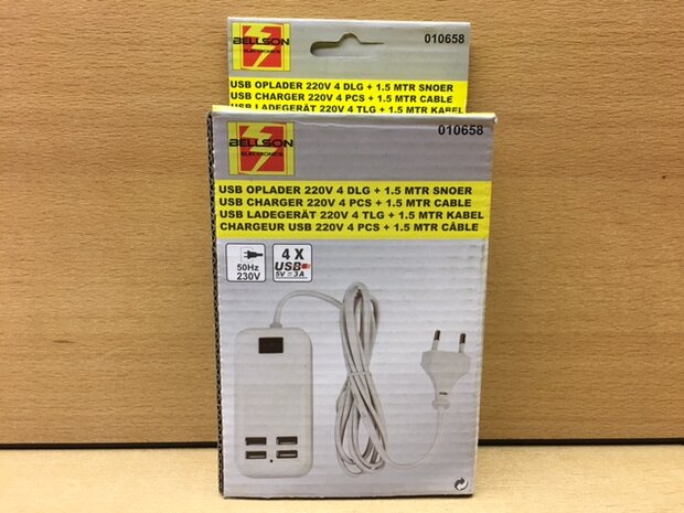 USB oplader 220 volt 4-weg, 1,5 meter.