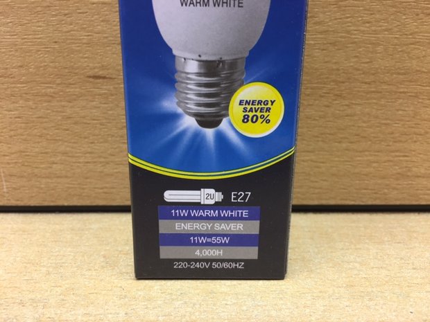 Spaarlamp 2U E27 warm wit 11 watt.